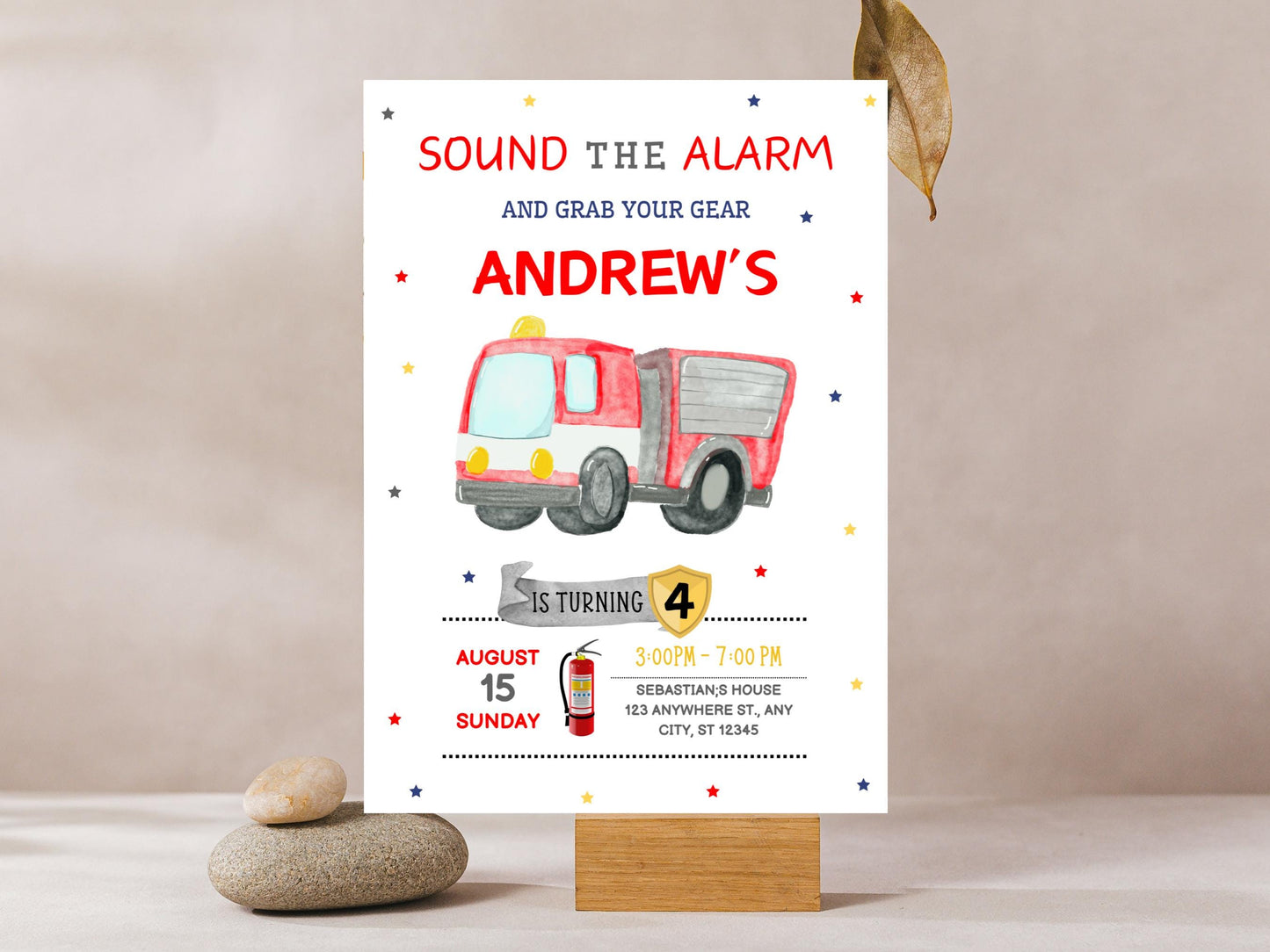 Vorlage für eine Geburtstagseinladung mit Feuerwehrmotiv, bearbeitbare Canva-Datei (digitaler Download)
