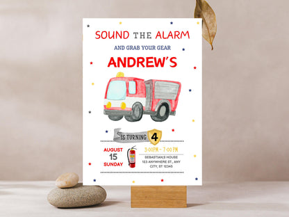 Vorlage für eine Geburtstagseinladung mit Feuerwehrmotiv, bearbeitbare Canva-Datei (digitaler Download)