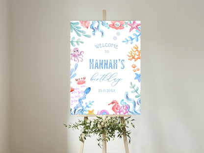 Willkommensschild „Unter dem Meer“ zum Geburtstag, bearbeitbare Canva-Vorlage (digitaler Download)