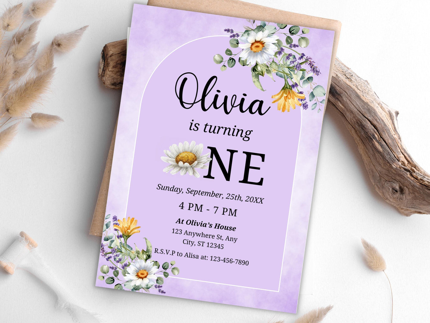 Einladungsvorlage zum ersten Geburtstag mit Gänseblümchenmuster (Digitaler Download)