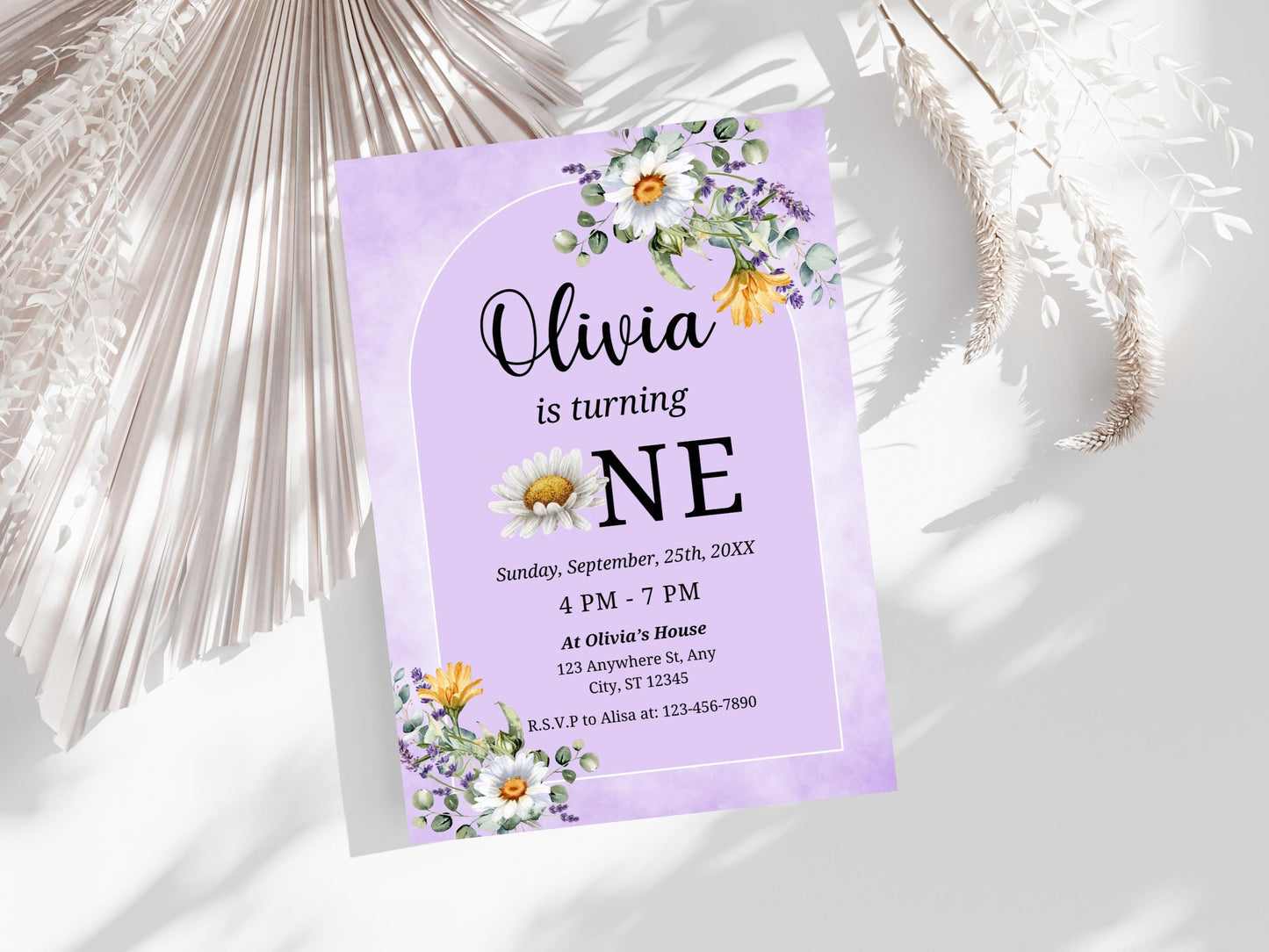 Einladungsvorlage zum ersten Geburtstag mit Gänseblümchenmuster (Digitaler Download)