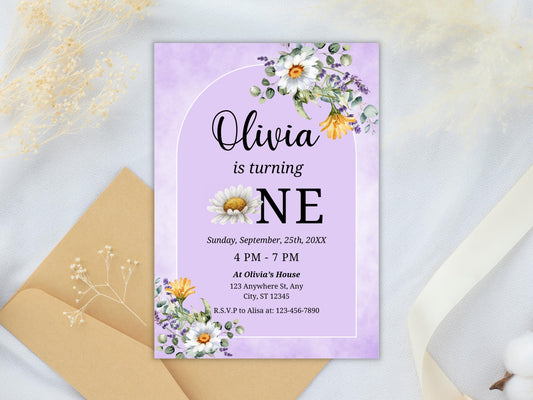 Daisy Floral First Birthday Invitation Template (Digital Download)
