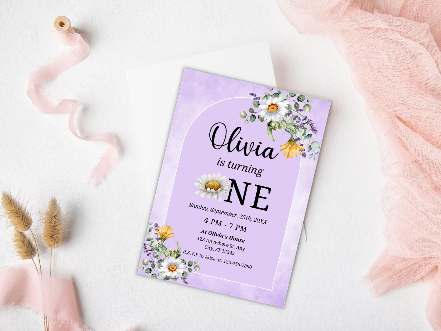 Einladungsvorlage zum ersten Geburtstag mit Gänseblümchenmuster (Digitaler Download)