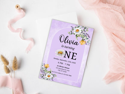 Einladungsvorlage zum ersten Geburtstag mit Gänseblümchenmuster (Digitaler Download)