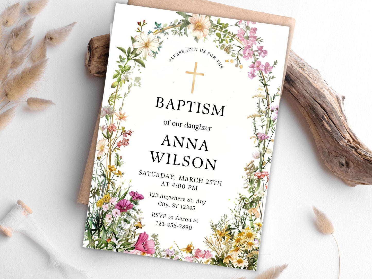 Vorlage für eine Tauf-Einladung mit Wildblumen: Grüne Tauf-Einladung (Digitaler Download)