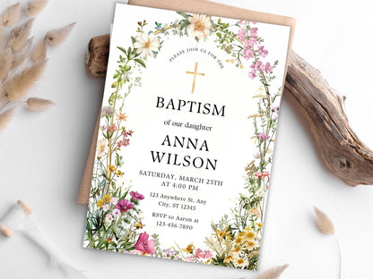 Vorlage für eine Tauf-Einladung mit Wildblumen: Grüne Tauf-Einladung (Digitaler Download)