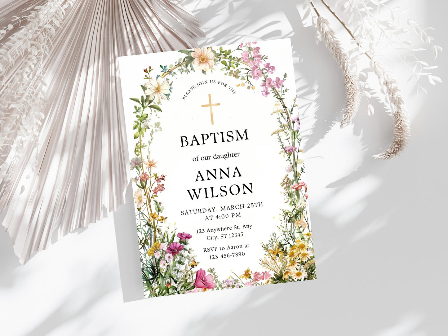 Vorlage für eine Tauf-Einladung mit Wildblumen: Grüne Tauf-Einladung (Digitaler Download)