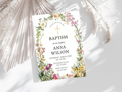 Vorlage für eine Tauf-Einladung mit Wildblumen: Grüne Tauf-Einladung (Digitaler Download)