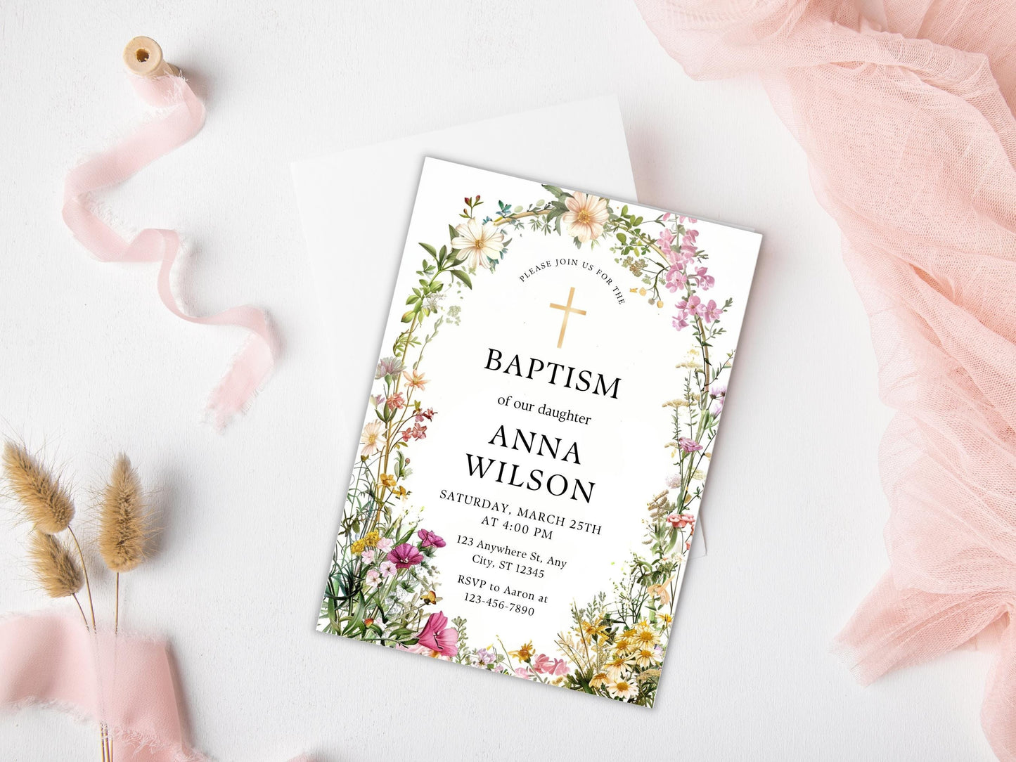 Vorlage für eine Tauf-Einladung mit Wildblumen: Grüne Tauf-Einladung (Digitaler Download)