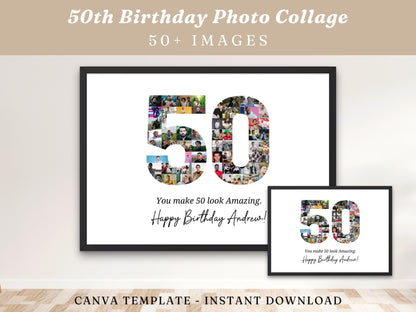 50th Birthday Photo Collage Template, Editable Canva Design (Digital Download)