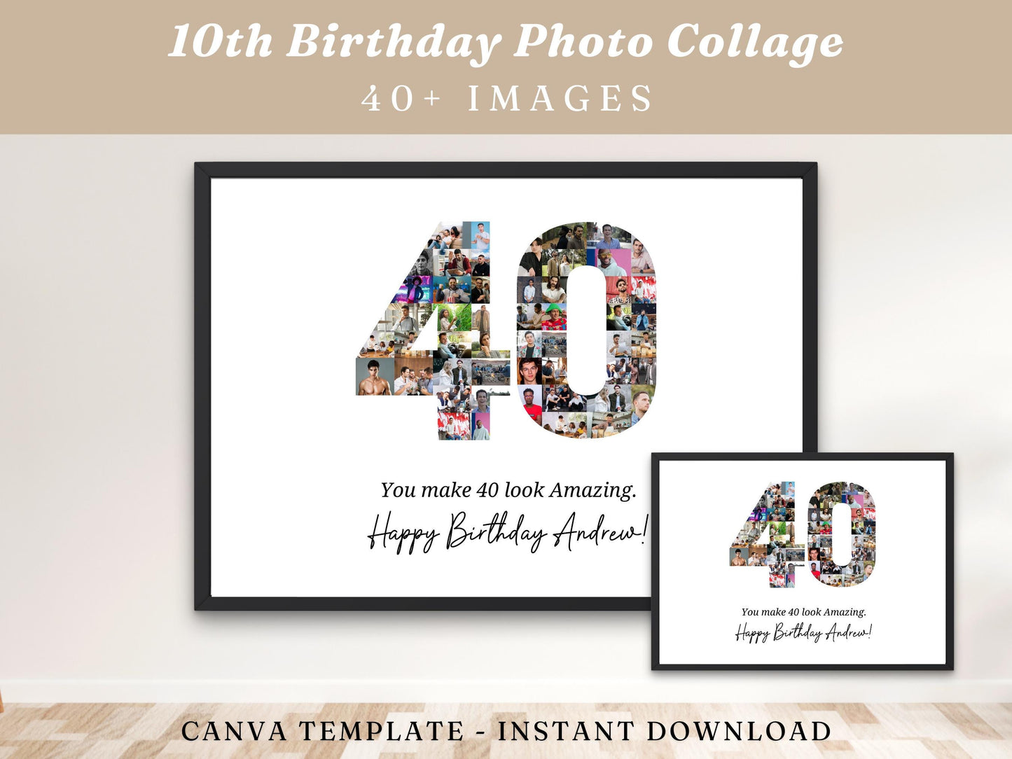 40th Birthday Photo Collage Template, Personalized Number 40 (Digital Download)