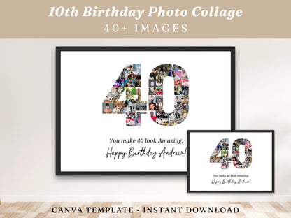 40th Birthday Photo Collage Template, Personalized Number 40 (Digital Download)