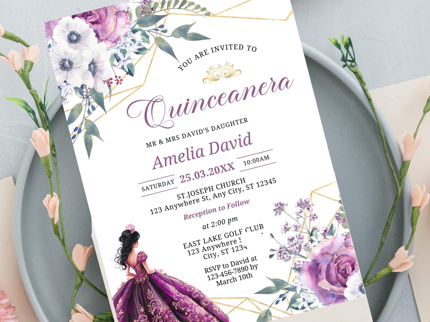 Floral Lavender Quinceañera Invitation, Editable Canva Template (Digital Download)