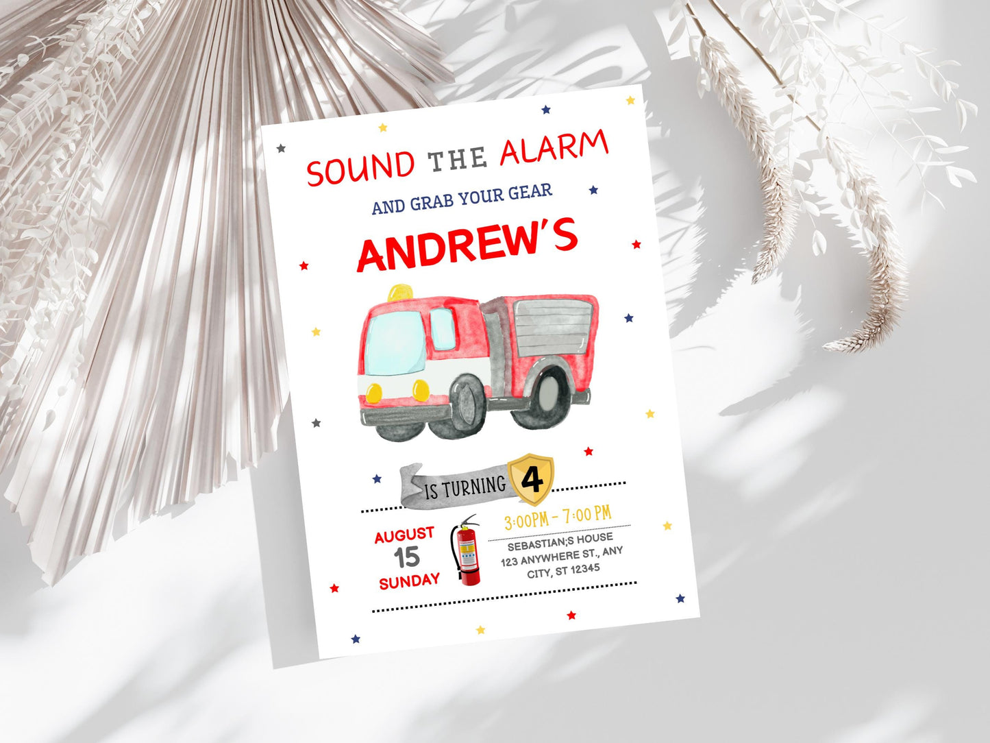 Vorlage für eine Geburtstagseinladung mit Feuerwehrmotiv, bearbeitbare Canva-Datei (digitaler Download)