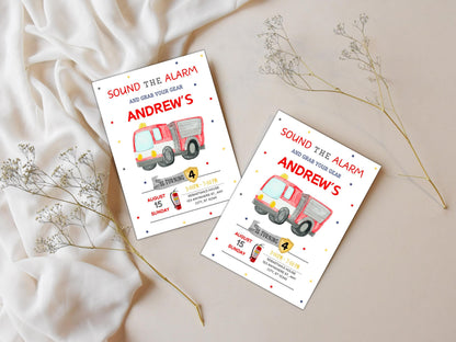 Vorlage für eine Geburtstagseinladung mit Feuerwehrmotiv, bearbeitbare Canva-Datei (digitaler Download)