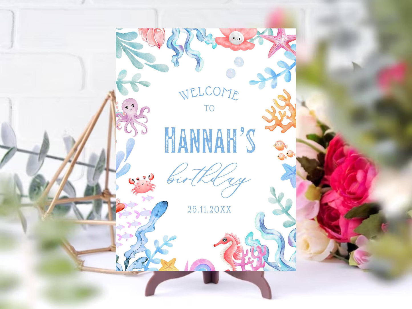 Willkommensschild „Unter dem Meer“ zum Geburtstag, bearbeitbare Canva-Vorlage (digitaler Download)