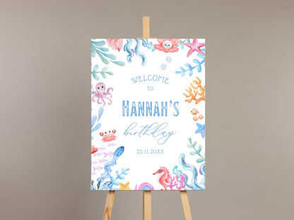 Willkommensschild „Unter dem Meer“ zum Geburtstag, bearbeitbare Canva-Vorlage (digitaler Download)