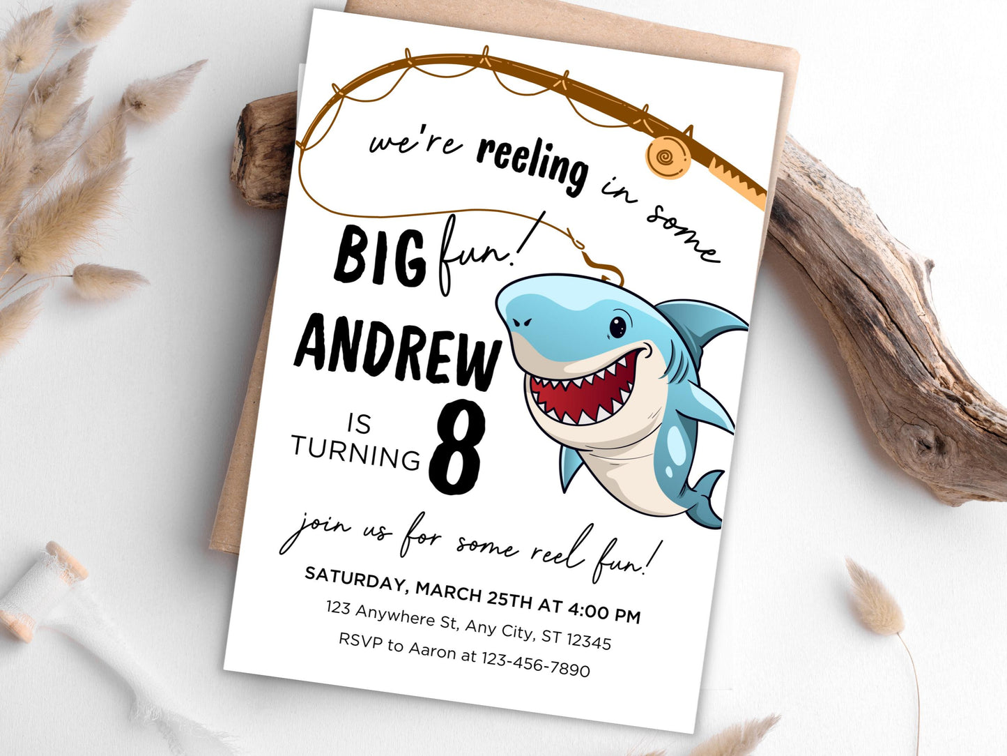Geburtstagseinladung zum Thema Angeln, Hai-Motiv, bearbeitbare E-Einladung (digitaler Download)