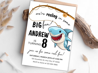 Geburtstagseinladung zum Thema Angeln, Hai-Motiv, bearbeitbare E-Einladung (digitaler Download)