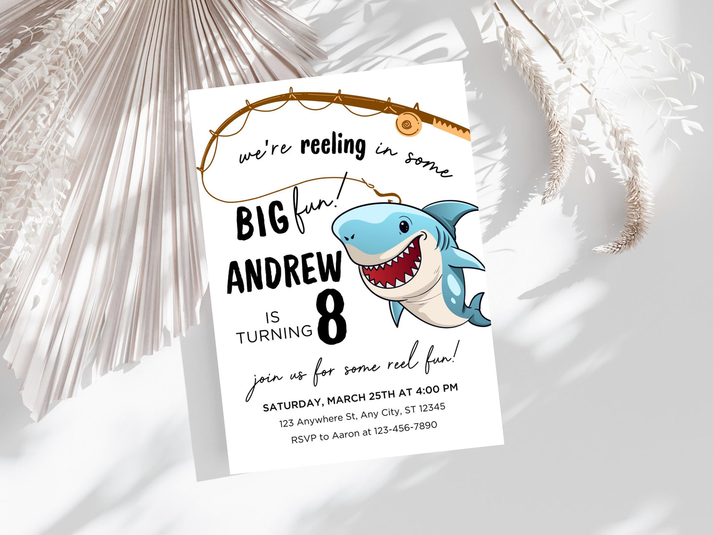 Geburtstagseinladung zum Thema Angeln, Hai-Motiv, bearbeitbare E-Einladung (digitaler Download)