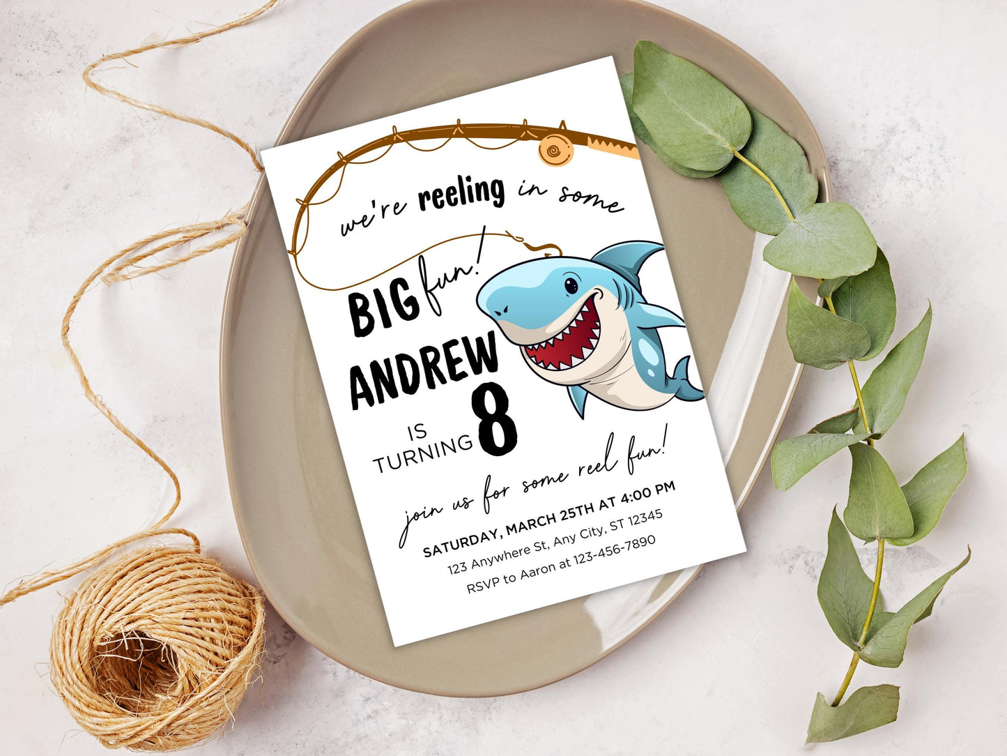 Geburtstagseinladung zum Thema Angeln, Hai-Motiv, bearbeitbare E-Einladung (digitaler Download)