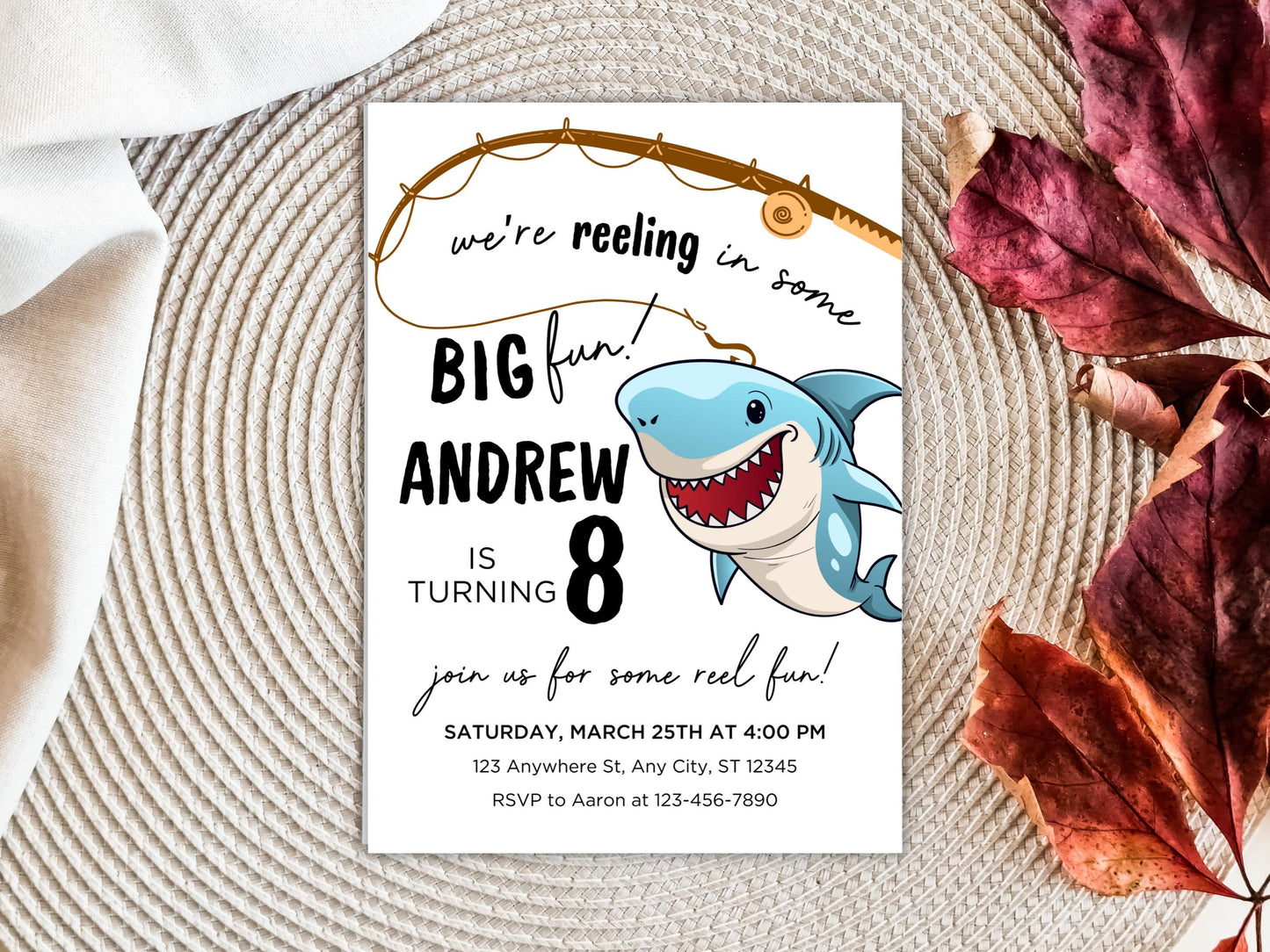 Geburtstagseinladung zum Thema Angeln, Hai-Motiv, bearbeitbare E-Einladung (digitaler Download)