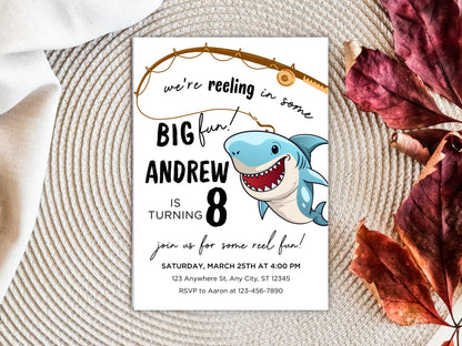 Geburtstagseinladung zum Thema Angeln, Hai-Motiv, bearbeitbare E-Einladung (digitaler Download)