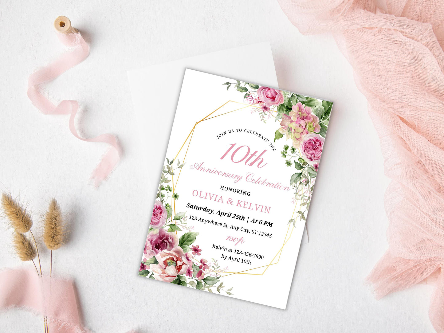 Greenery Floral 10th Anniversary Invitation Template (Editable, Printable)