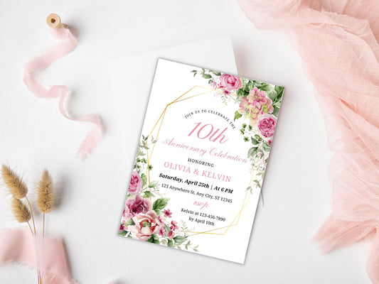 Greenery Floral 10th Anniversary Invitation Template (Editable, Printable)
