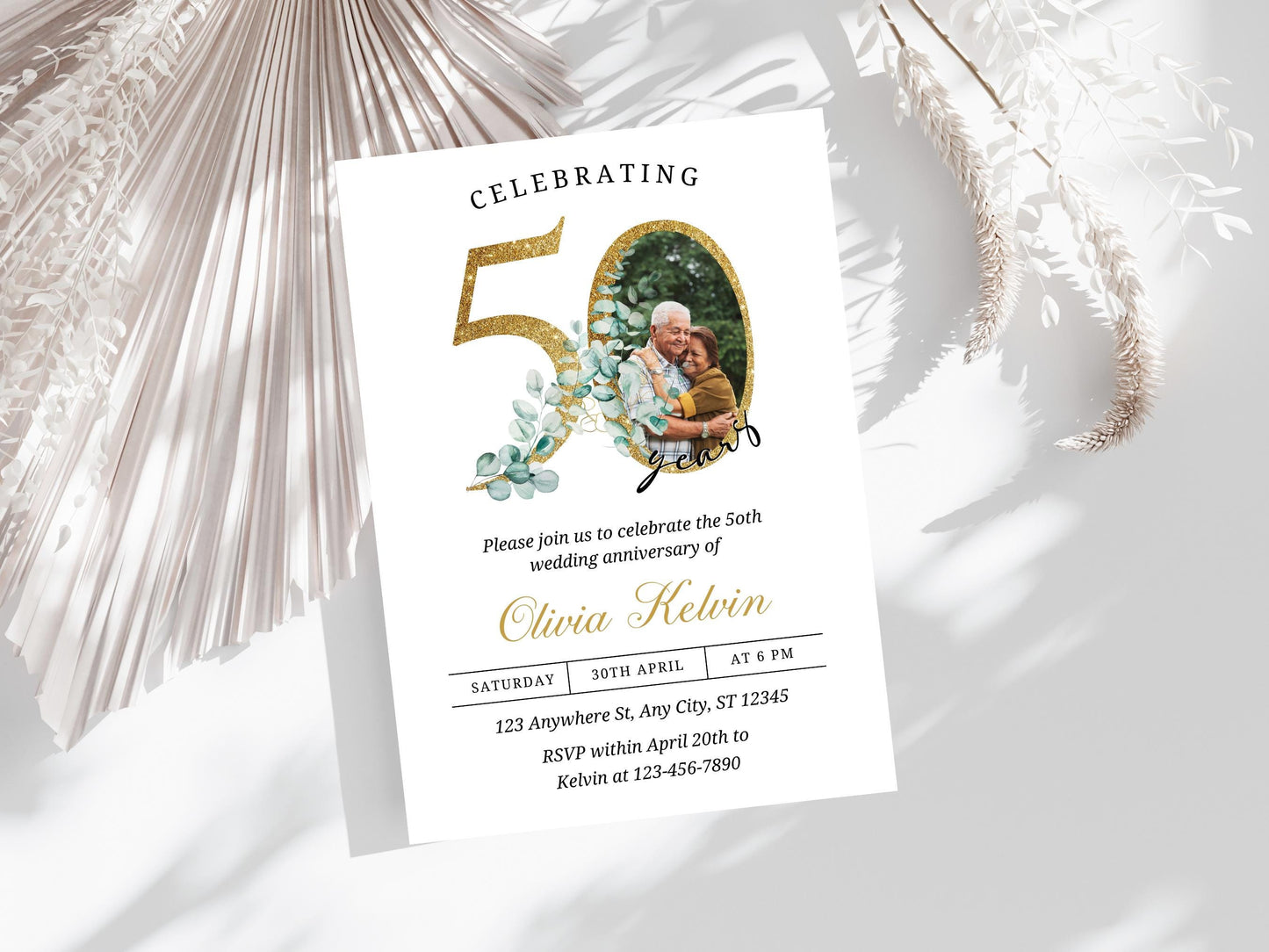 Greenery 50th Anniversary Invitation Template, Editable (PDF)