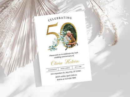 Greenery 50th Anniversary Invitation Template, Editable (PDF)