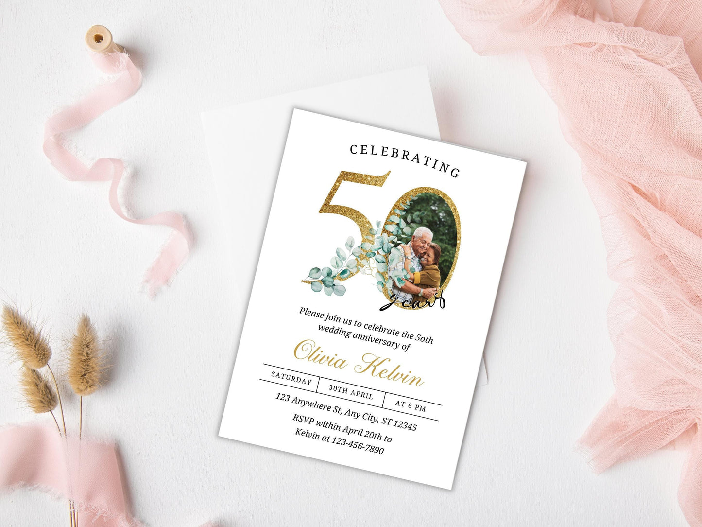 Greenery 50th Anniversary Invitation Template, Editable (PDF)
