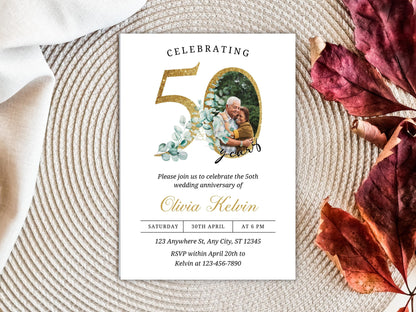 Greenery 50th Anniversary Invitation Template, Editable (PDF)