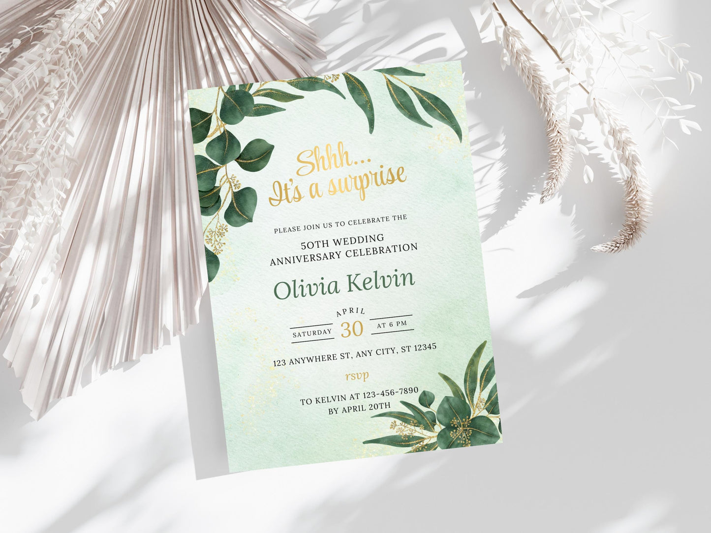 50th Anniversary Invitation Template, Greenery Invite (Editable, Printable)
