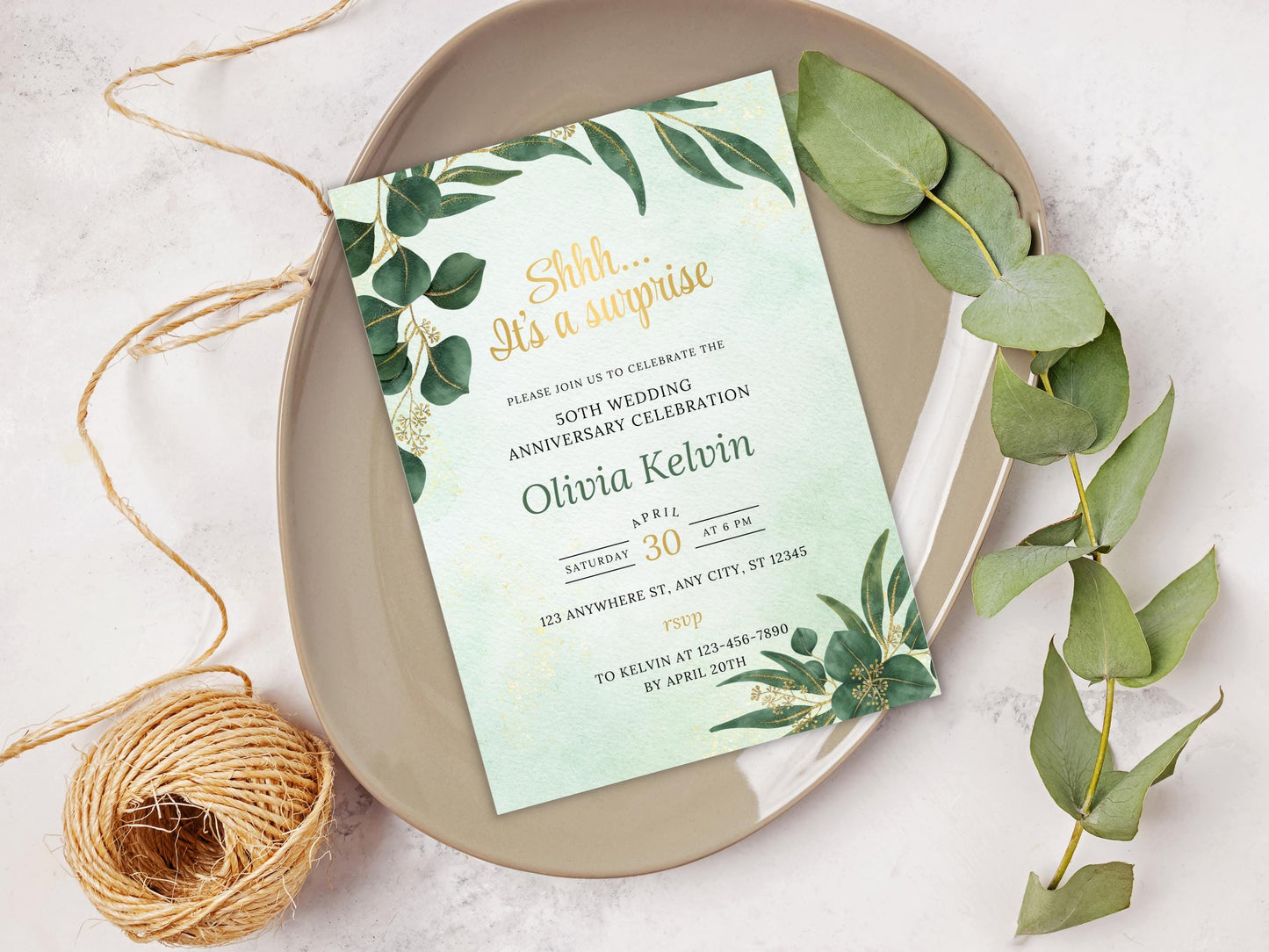 50th Anniversary Invitation Template, Greenery Invite (Editable, Printable)