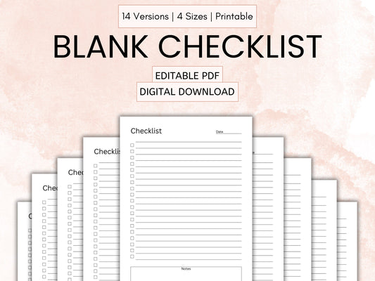Minimalist Blank Checklist Template, Fillable Editable PDF (Digital Download)