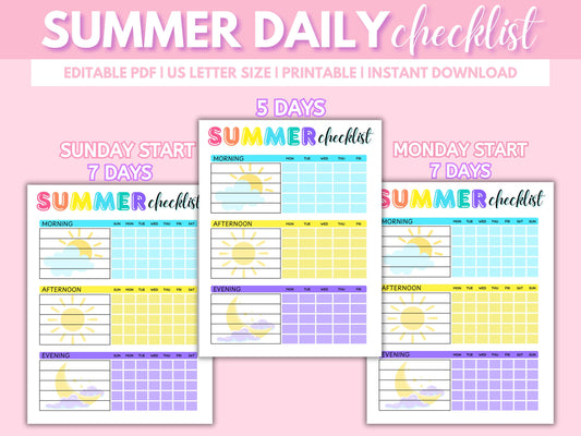 Editable Summer Checklist for Kids, Colorful Chore Chart (PDF)