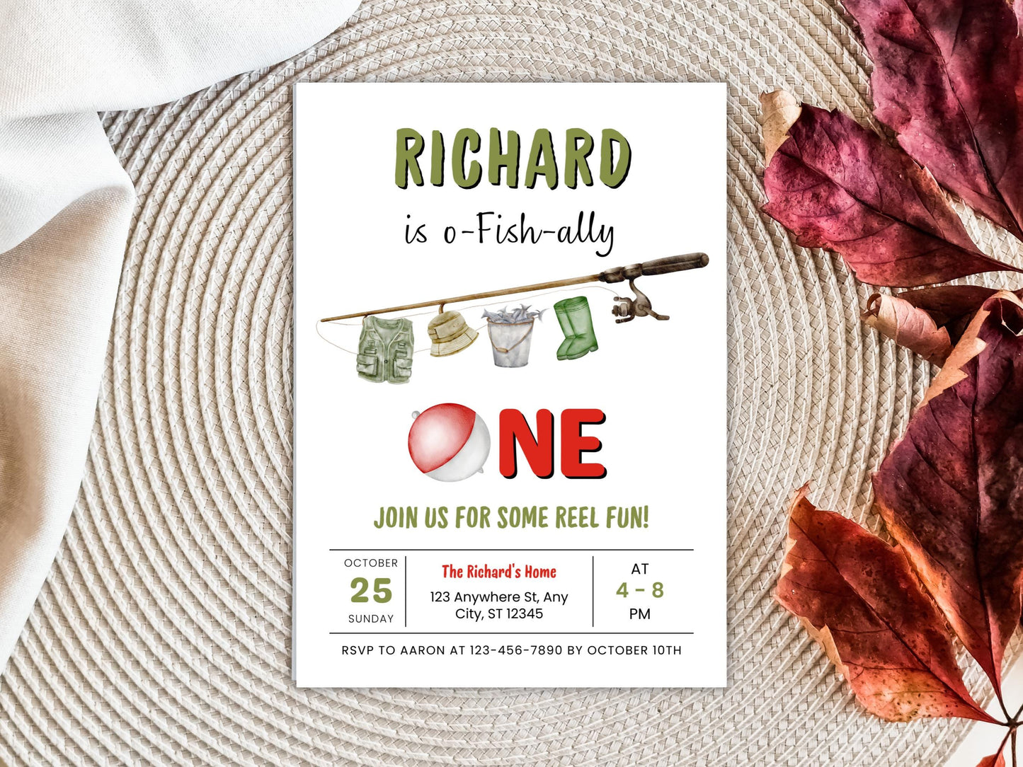 Fishing 1st Birthday Invitation, O-Fish-Ally One, Editable Template (PDF)