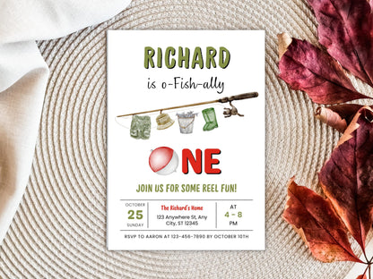 Fishing 1st Birthday Invitation, O-Fish-Ally One, Editable Template (PDF)