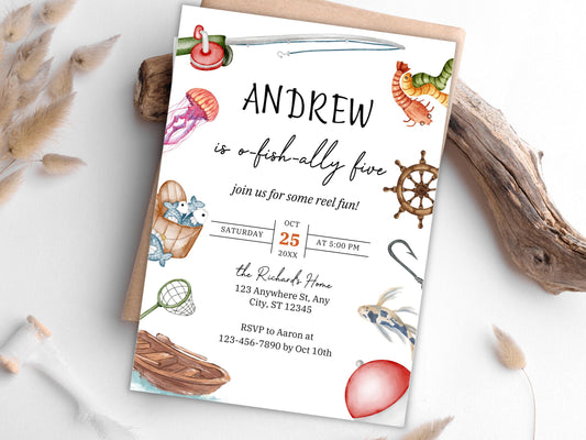 Fishing Birthday Invitation, O-Fish-Ally One, Editable Template (Digital Download)