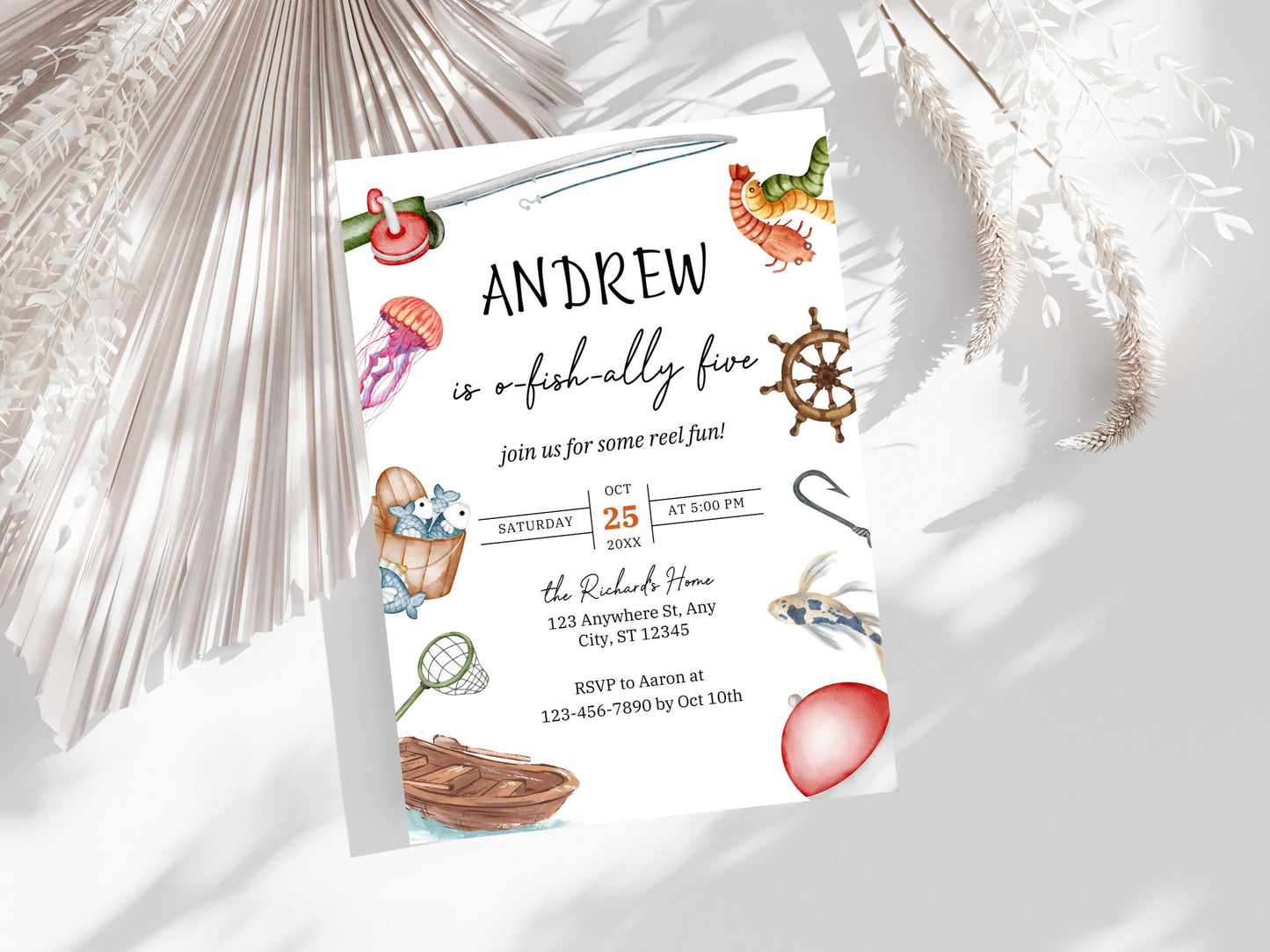 Invitation d'anniversaire sur le thème de la pêche, O-Fish-Ally One, modèle modifiable (téléchargement numérique)