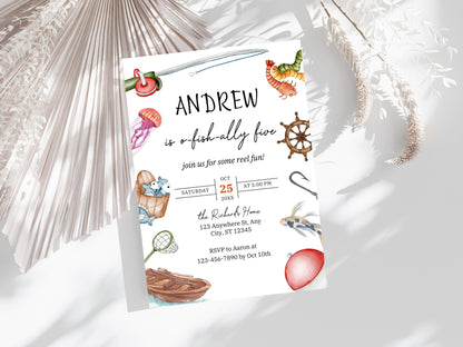 Invitation d'anniversaire sur le thème de la pêche, O-Fish-Ally One, modèle modifiable (téléchargement numérique)