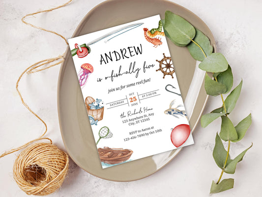 Fishing Birthday Invitation, O-Fish-Ally One, Editable Template (Digital Download)