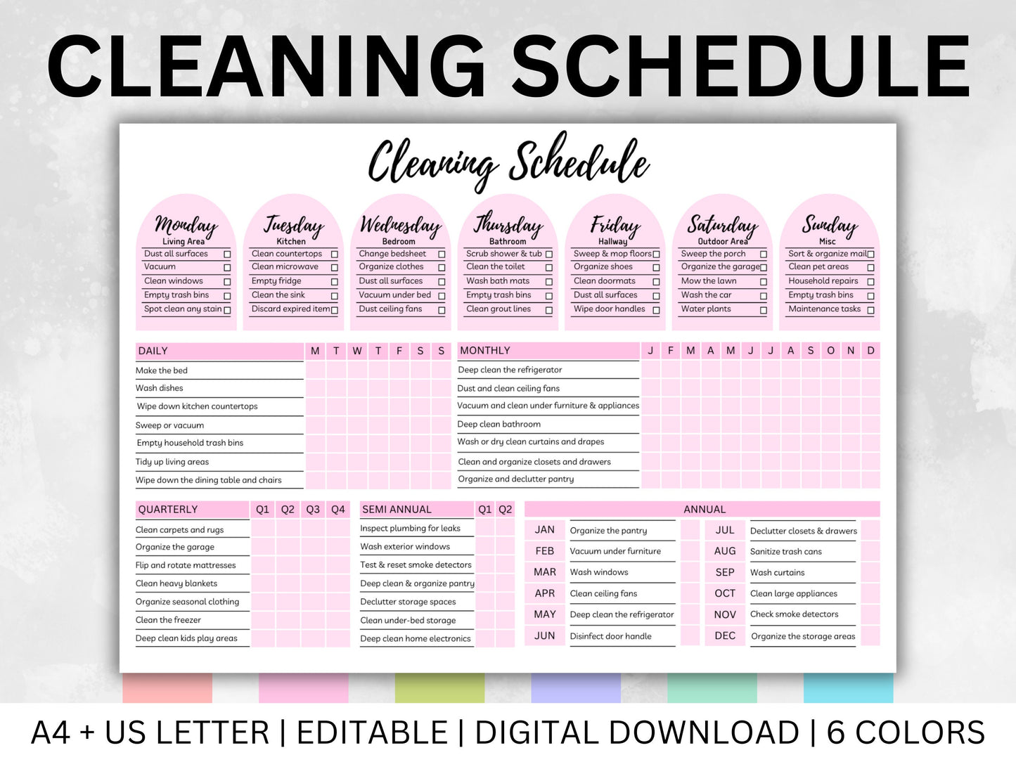 Colorful Cleaning Schedule Planner, ADHD-Friendly, Editable (Digital Download)