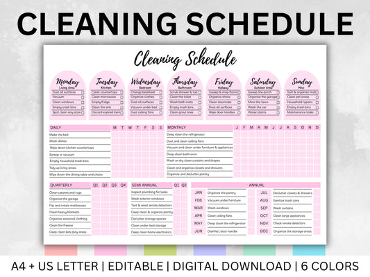 Colorful Cleaning Schedule Planner, ADHD-Friendly, Editable (Digital Download)