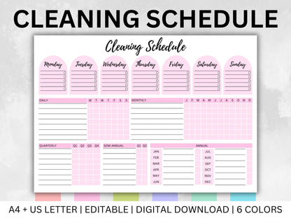 Colorful Cleaning Schedule Planner, ADHD-Friendly, Editable (Digital Download)