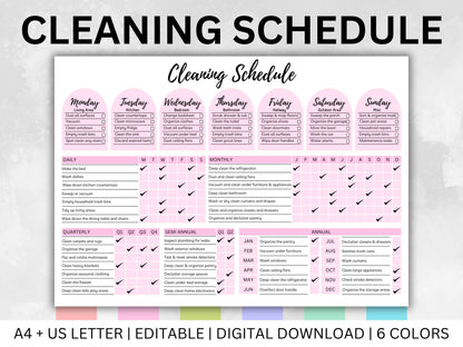 Colorful Cleaning Schedule Planner, ADHD-Friendly, Editable (Digital Download)