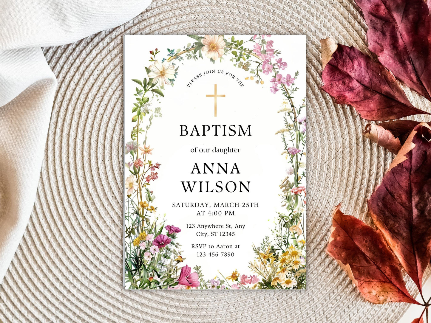 Vorlage für eine Tauf-Einladung mit Wildblumen: Grüne Tauf-Einladung (Digitaler Download)