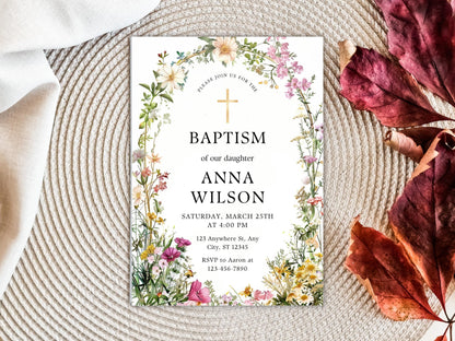 Vorlage für eine Tauf-Einladung mit Wildblumen: Grüne Tauf-Einladung (Digitaler Download)