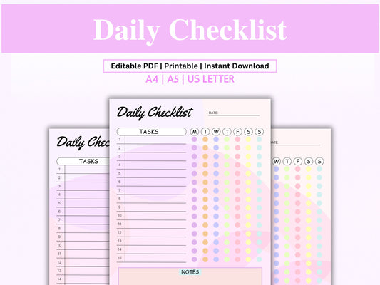 Colorful Daily Checklist Template: Editable PDF (A4, A5, US Letter)